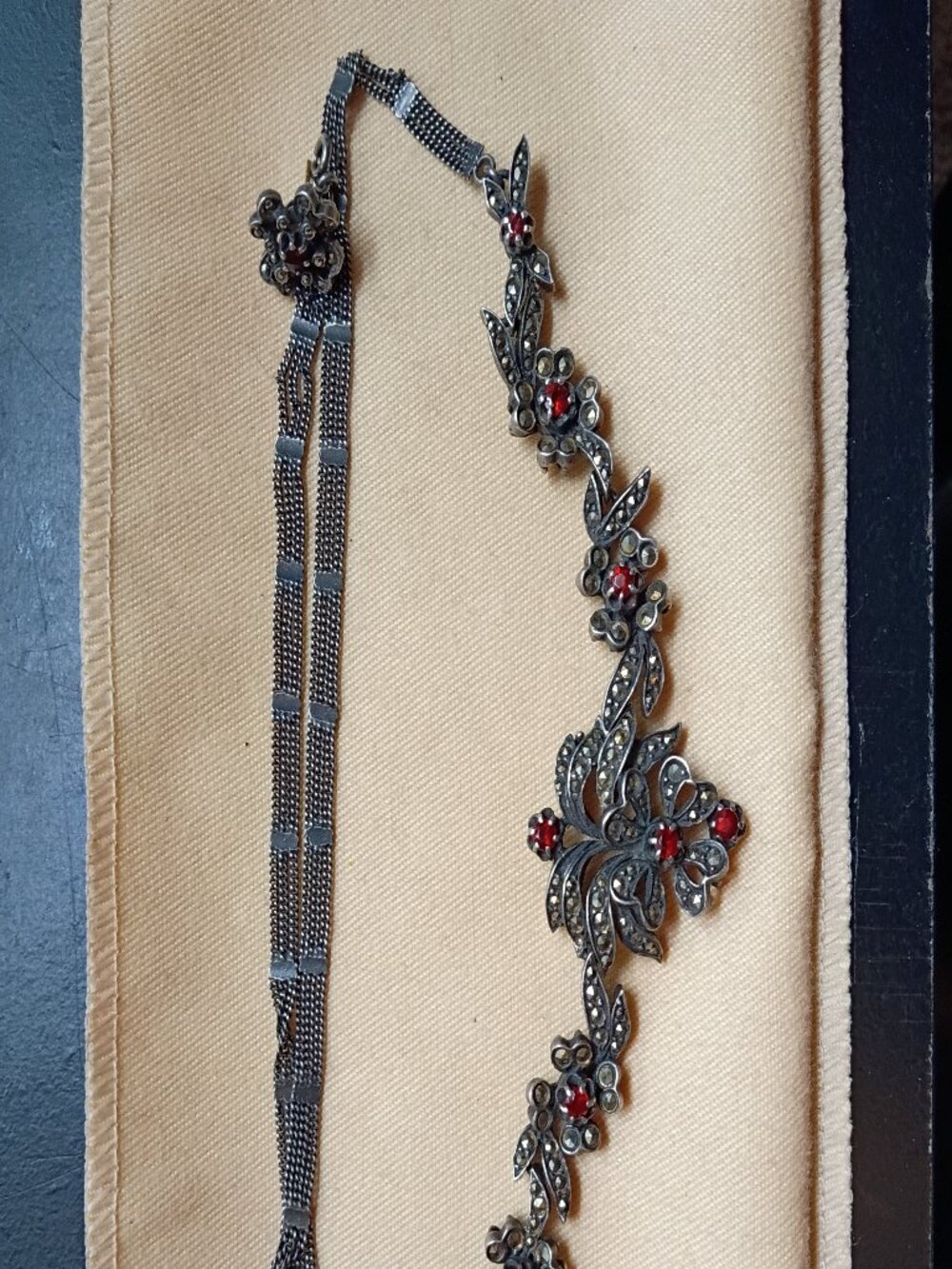 Vintage Chrome and Red Filigree Necklace with Matching Earrings